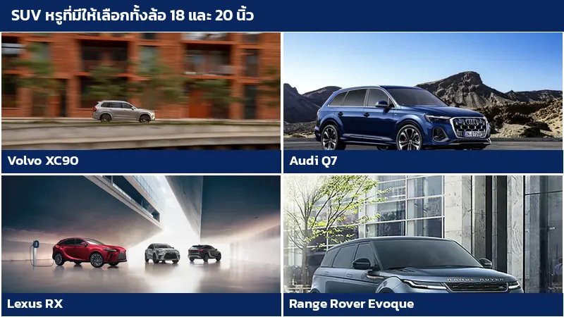 SUV หรู Volvo XC90 Audi Q7 Lexus RX และ Range Rover Evoque ที่มีล้อทั้ง 18 และ 20 นิ้ว
