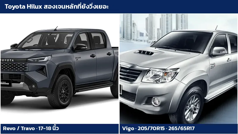 รถกระบะ Toyota Hilux Revo และ Hilux Vigo ภาพจากผู้ผลิต พร้อมขนาดยางที่ใช้จากโรงงาน