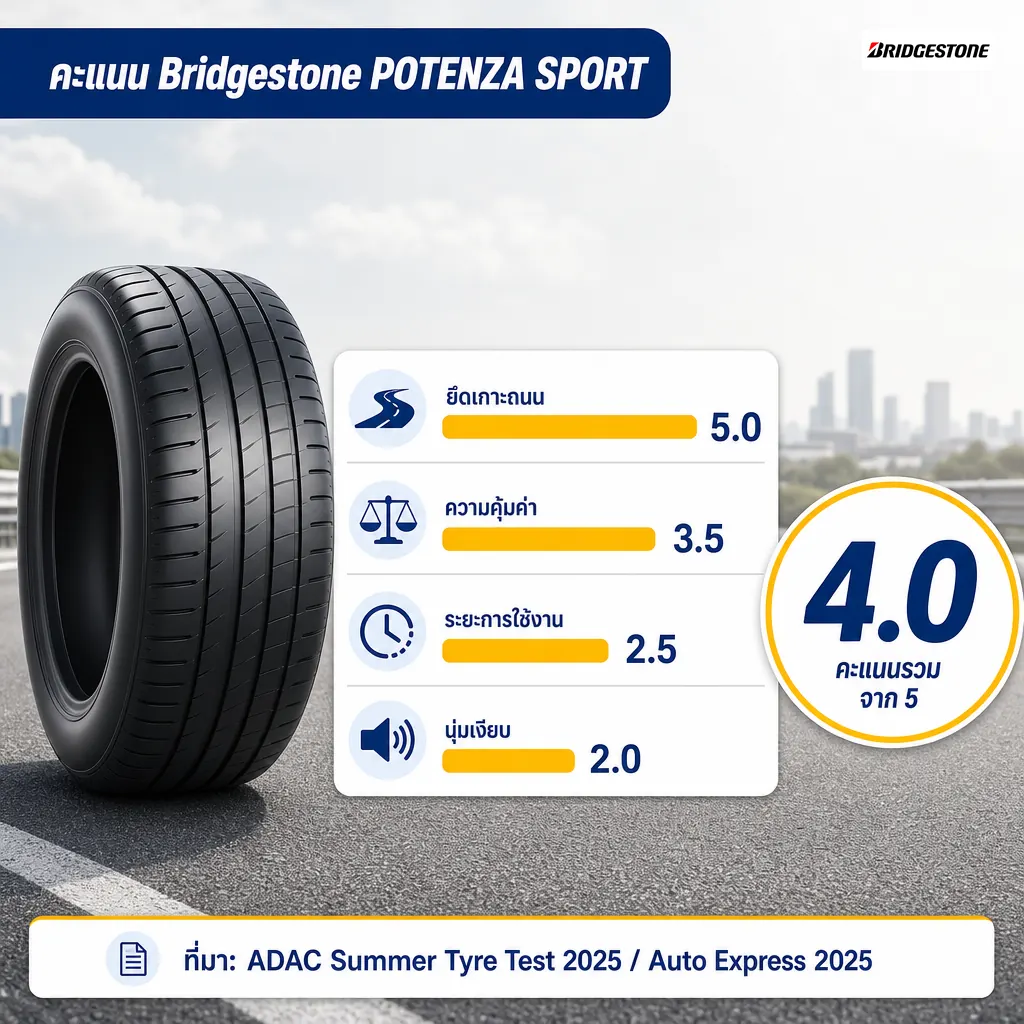 ยาง Bridgestone Potenza Sport ตารางคะแนนยึดเกาะถนน ความคุ้มค่า อายุการใช้งาน และความเงียบ รวม 4.0 จาก 5