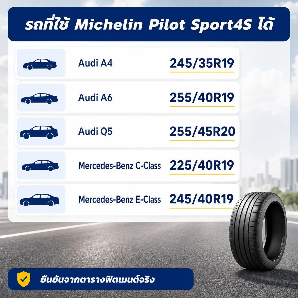 รถที่ใส่ยาง Michelin Pilot Sport 4S ได้ Audi A4 A6 Q5 และ Mercedes-Benz C-Class E-Class พร้อมขนาดยาง