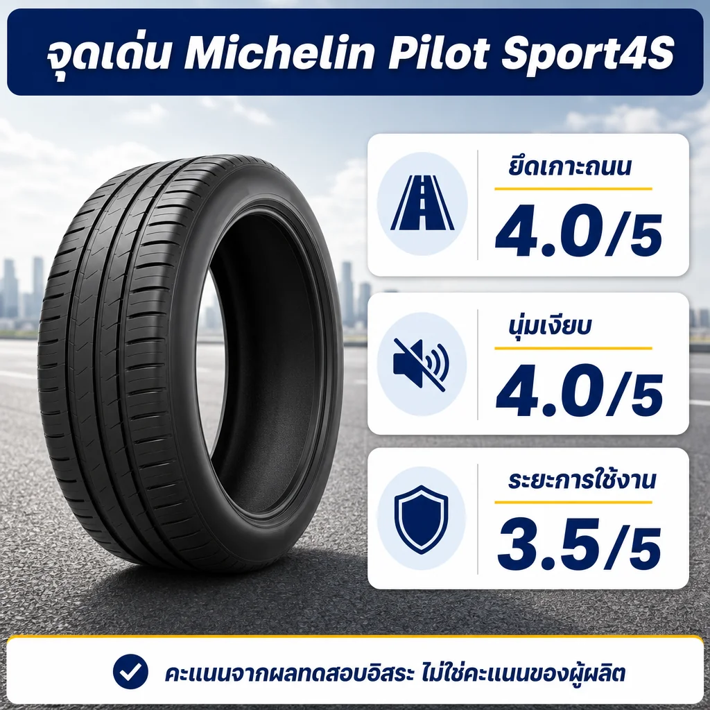 จุดเด่นยาง Michelin Pilot Sport 4S ยึดเกาะถนน 4.0 นุ่มเงียบ 4.0 และระยะการใช้งาน 3.5 คะแนน