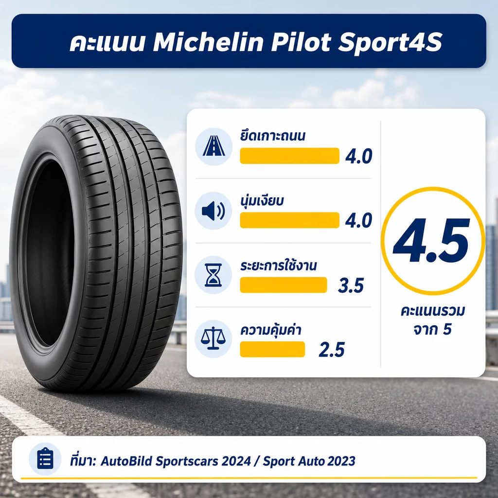 ยาง Michelin Pilot Sport 4S ตารางคะแนนยึดเกาะถนน ความเงียบ อายุการใช้งาน และความคุ้มค่า รวม 4.5 จาก 5